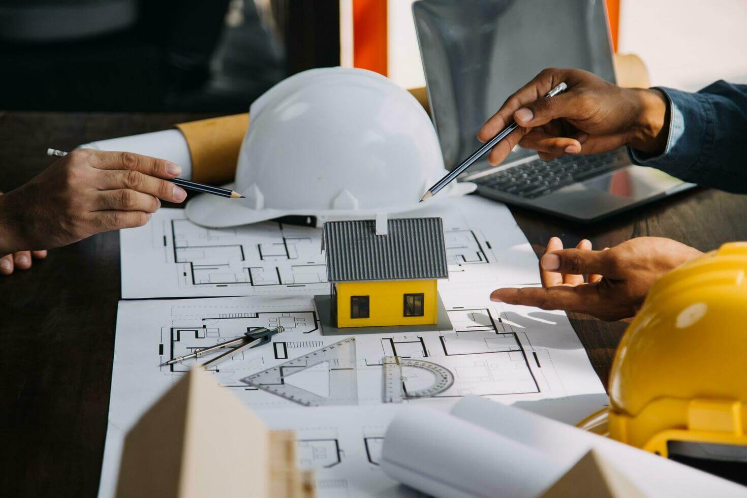 Engineer working on a blueprint